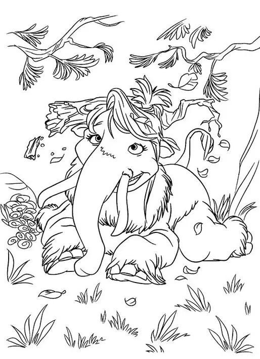 Ellie mamute da Era do Gelo para colorir em cenário de floresta com grama, tronco e folhas.
