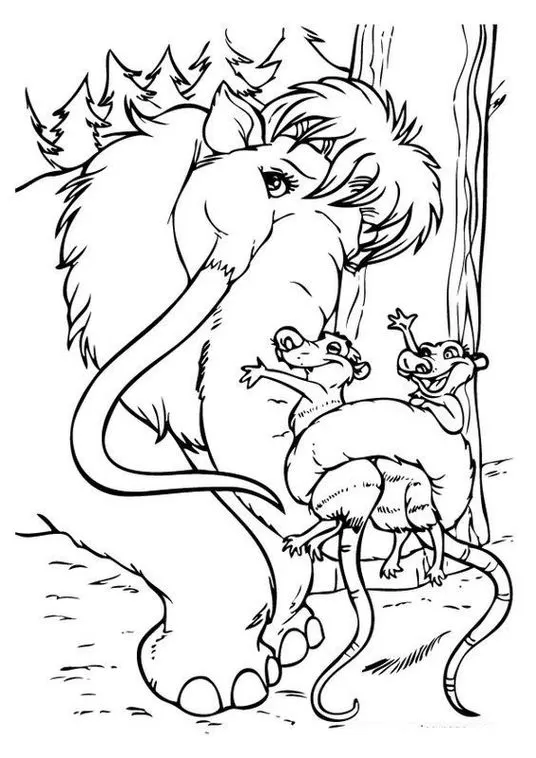 Mamute Ellie em desenho artístico de A Era do Gelo. Crash e Eddie, os gambás, em cena com vegetação ao fundo. Imagem para atividade de colorir.