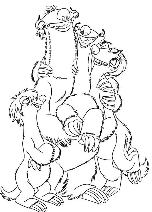 Sid e família: Desenho para colorir de A Era do Gelo. Imagem fofa das preguiças unidas em um abraço. Ideal para imprimir e colorir.