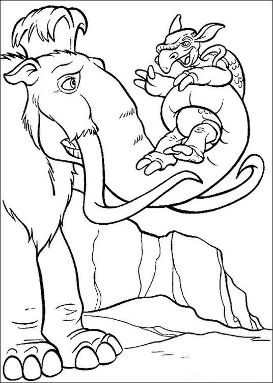 Manny e a tartaruga de A Era do Gelo para colorir. Destaque para o mamute lanoso com suas grandes presas e a criatura no topo.