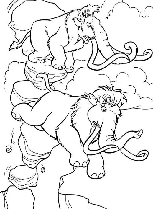 Manny e Ellie, casal de mamutes de A Era do Gelo, em desenho campestre para colorir. Destaque para as rochas e vegetação.