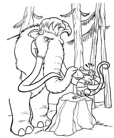Manny, o mamute da Era do Gelo, para colorir. Desenho detalhado com toco de árvore e pequeno animal, perfeito para atividades de pintura e diversão criativa.