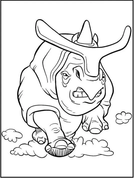 Rinoceronte de A Era do Gelo pronto para colorir. Desenho detalhado com chifres imponentes e expressão zangada.