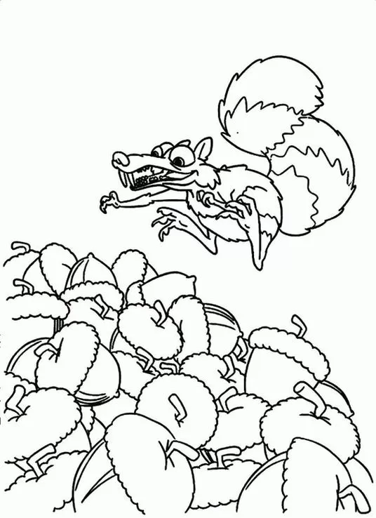 Scrat e as Bolotas: Desenho para colorir de A Era do Gelo com foco na cauda e na pilha apetitosa de nozes. Atividade criativa com o esquilo da animação.