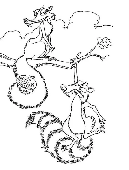 Desenho para colorir de Scrat e Scratita, esquilos dentes-de-sabre de A Era do Gelo. Scrat pendurado no galho e Scratita com noz. Destaque para os detalhes da cauda e da folha.