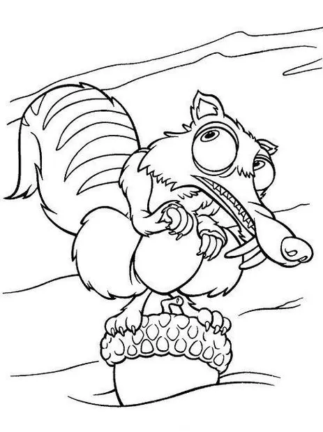 Scrat e a avelã: Desenho para colorir de A Era do Gelo. Esquilinho dente-de-sabre com cauda listrada em cena divertida na neve. Atividade criativa com os personagens de A Era do Gelo.