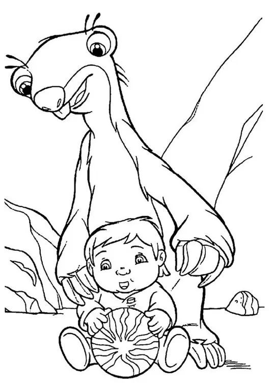 Sid de A Era do Gelo protegendo o bebê com uma melancia. Desenho para colorir divertido!