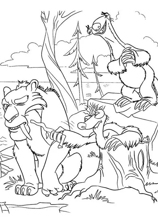 A Era do Gelo para colorir: Sid, Manny e Diego na natureza. Desenho com Sid, Manny e Diego. Sid em destaque sobre uma pedra, Manny ao lado e Diego com expressão divertida.