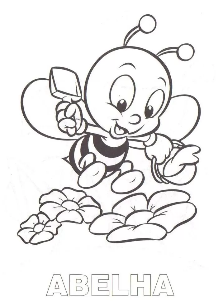 Abelha sorridente com balde e pá voando sobre flores, ideal para atividades de colorir e aprendizado. Desenho com a palavra 'ABELHA'.