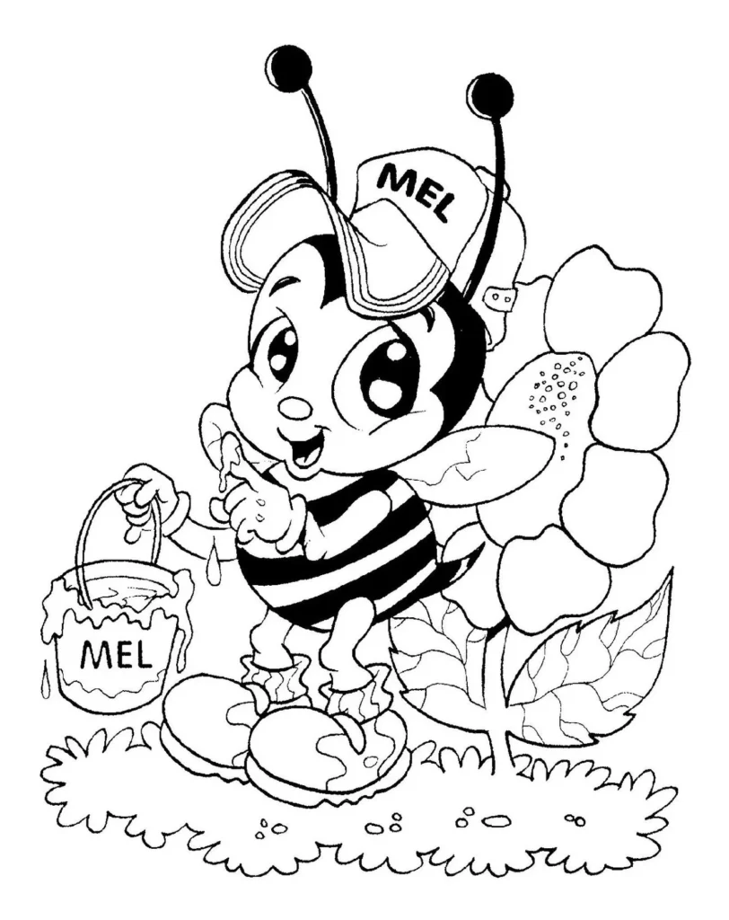 Abelha fofa de boné com balde de mel e flor, pronta para colorir. Desenho divertido com tema de abelhas e mel.