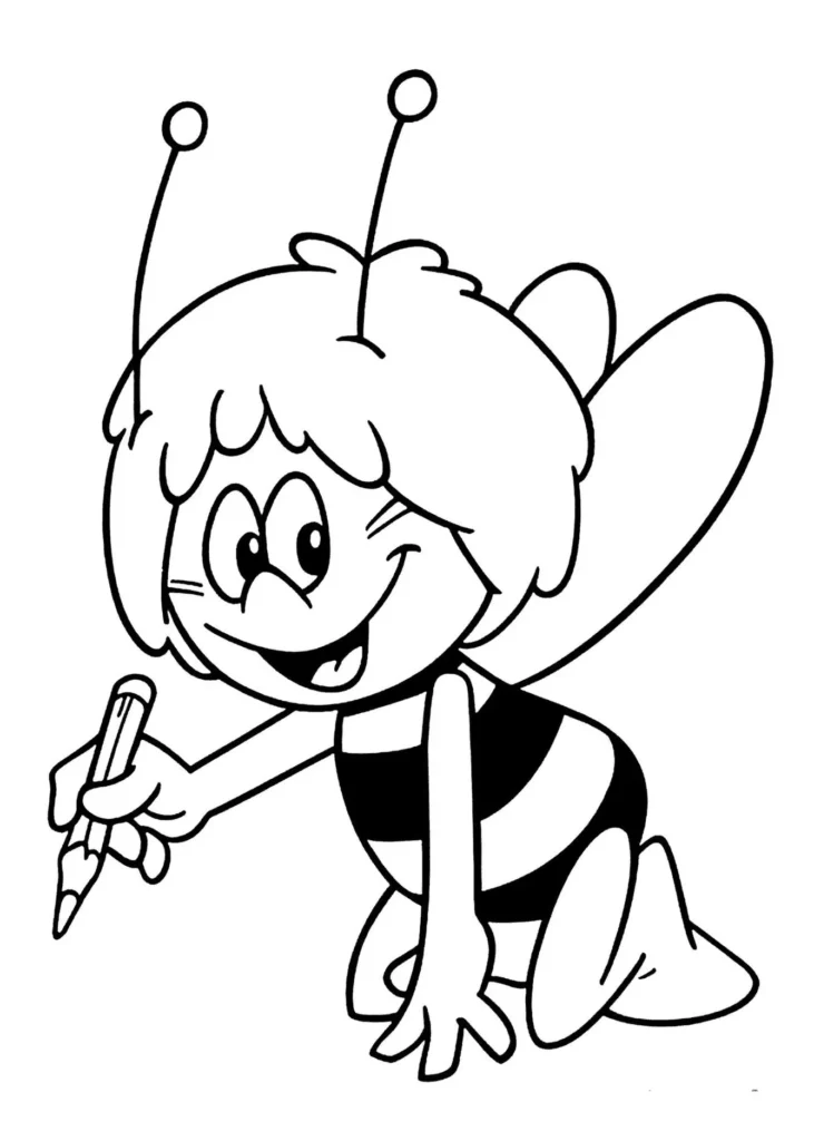 Abelha listrada escrevendo com lápis. Desenho divertido para colorir e estimular a criatividade.