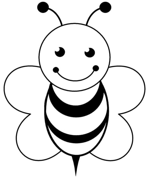 Desenhos de Abelhas para colorir Linda Abelha fofa para colorir: antenas detalhadas, listras marcantes e asas delicadas. Aprenda sobre a anatomia da abelha: cabeça, olhos, boca, corpo listrado e ferrão.