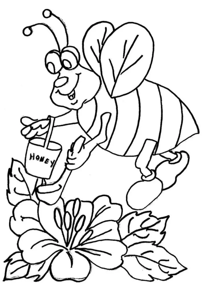 Abelha sorridente colhendo mel em flor colorida. Desenho detalhado para atividades artísticas com tema de abelhas e natureza.