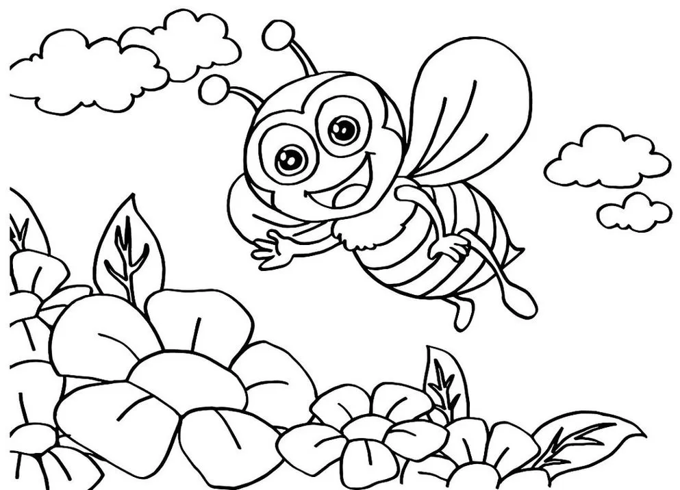 Abelha sorridente voando entre flores e nuvens: desenho para colorir e despertar a criatividade.