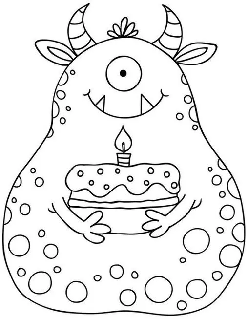 Desenho de alienígena aniversariante para colorir. Monstro espacial amigável com bolo de aniversário e vela. Atividade criativa para crianças com tema de aniversário alienígena.