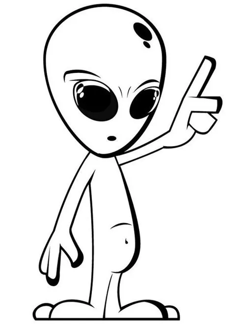 Desenho de alienígena com dedo apontando para colorir. Criatura extraterrestre com corpo magro, cabeça grande e olhos pretos.