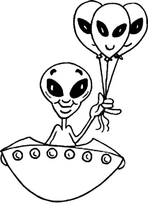 Alienígena em disco voador com balões para colorir. Desenho de criatura espacial amigável segurando balões temáticos.
