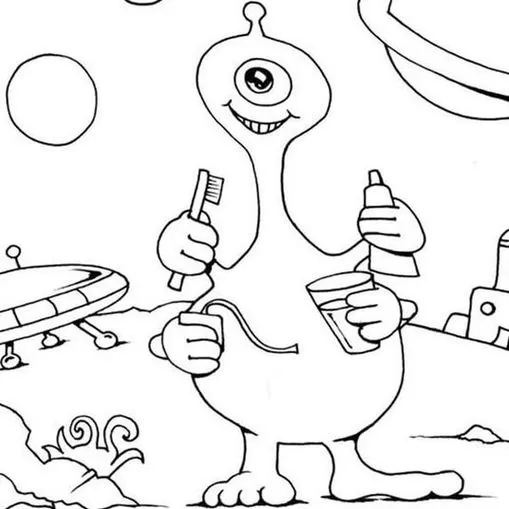 Desenho de alienígena com um olho escovando os dentes. Criatura sorridente em planeta com nave espacial ao fundo. Imagem para colorir.