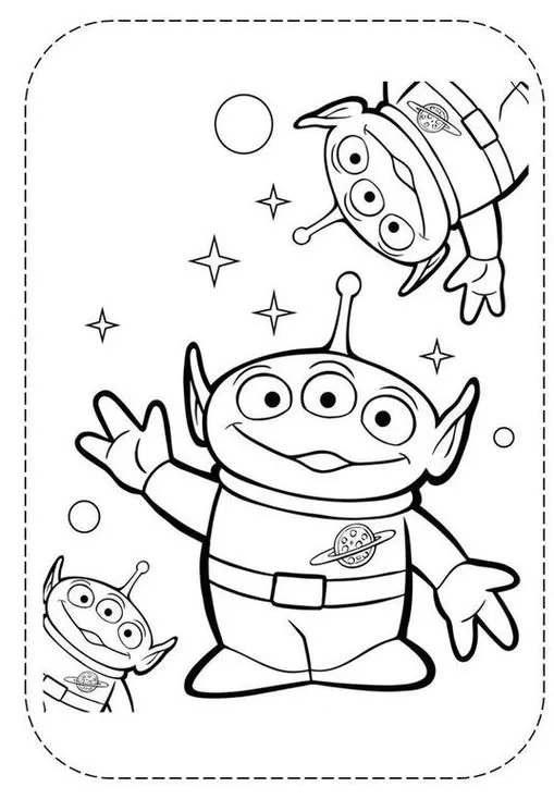 Desenhos de alienígenas sorrindo para colorir: ET de três olhos, traje espacial e ambiente cósmico. Atividade criativa temática espacial.