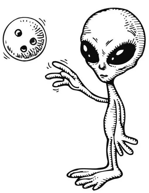 Desenho de alienígena jogando boliche para colorir. Criatura extraterrestre com olhos grandes e escuros se diverte em atividade lúdica.