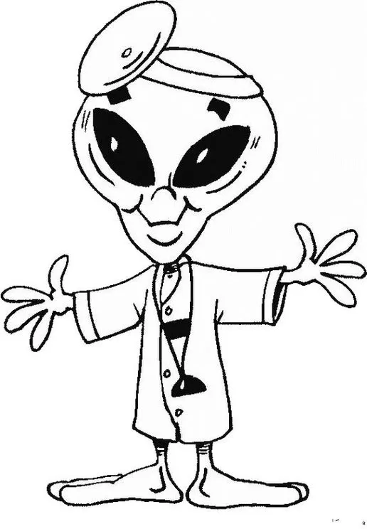 Desenho de alienígena médico para colorir, com jaleco, estetoscópio e sorriso amigável. Ideal para atividades criativas.