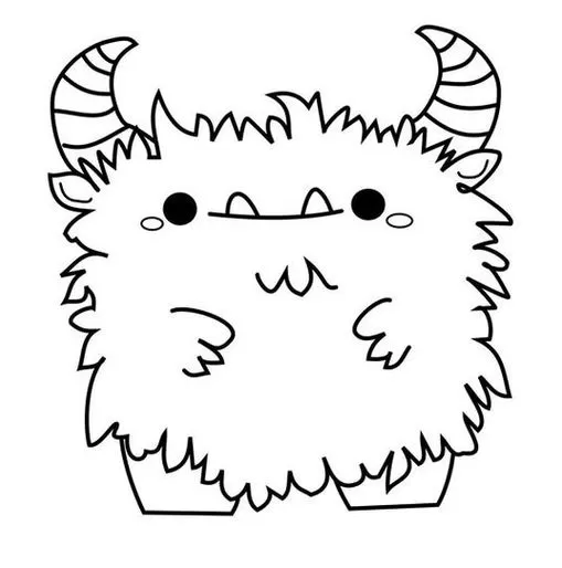 Desenho de alienígena monstrinho amigável para colorir. Criatura fofa com chifres, pelagem macia, olhos redondos e sorriso. Diversão garantida com este adorável alien!