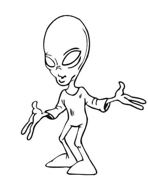 Alienígena para colorir: Desenho simples de ET com cabeça oval, olhos amendoados e corpo magro para atividades criativas.