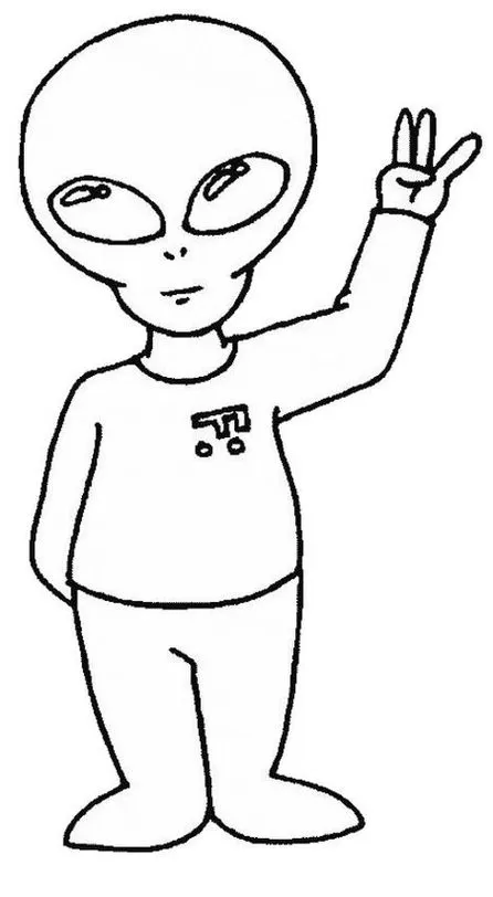 Desenho de alienígena amigável para colorir: cabeça oval, olhos grandes, sinal de paz. Atividade criativa com extraterrestre.