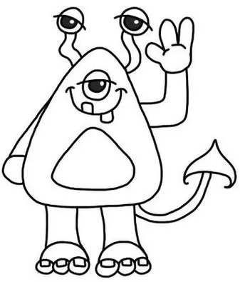 Desenho de alienígena sorridente para colorir: corpo triangular, um olho, gesto amigável e cauda pontuda. Ideal para atividades criativas com crianças.