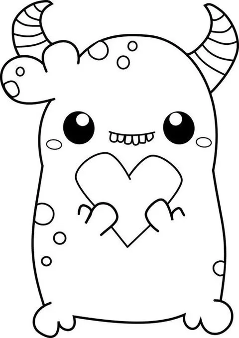 Desenho de alienígena simpático segurando coração para colorir. Extraterrestre com chifres e círculos no corpo, ideal para atividades criativas.