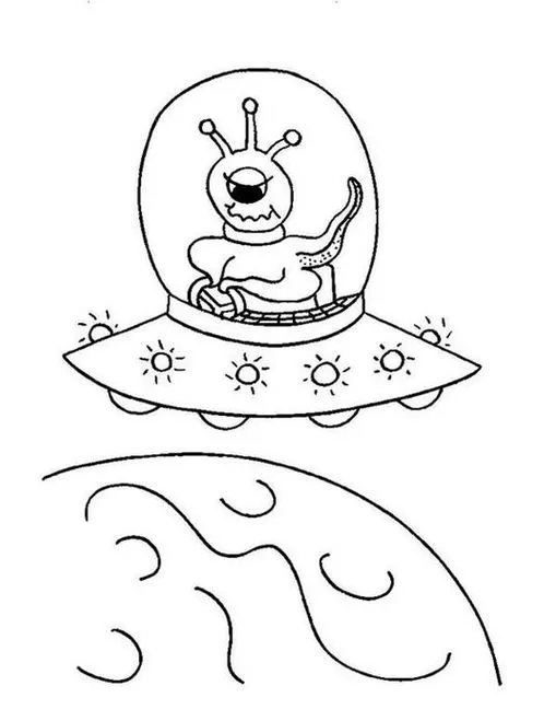 OVNI com alienígena de um olho sobrevoando planeta. Desenho para colorir com antenas e detalhes no disco voador.