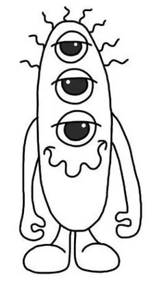 Desenho de alienígena divertido com três olhos para colorir. Criatura oval com detalhes ondulados, ideal para atividades criativas.