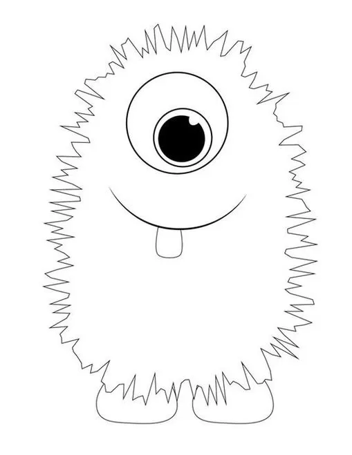 Desenho de alienígena fofo com um olho só para colorir. Criatura peluda sorrindo com um dente.