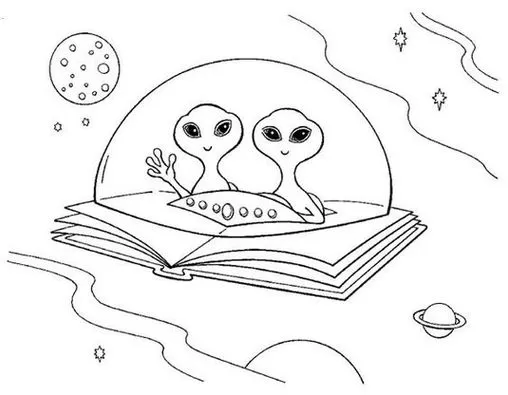 Alienígenas em nave espacial de livro exploram o cosmos: desenho para colorir com planetas e estrelas.