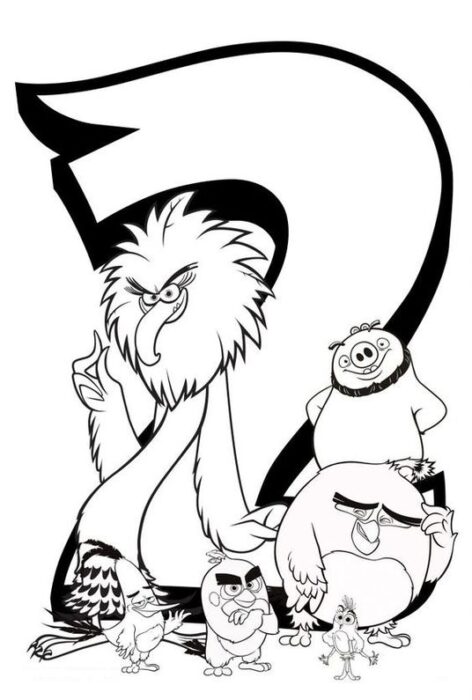 Desenho para colorir Angry Birds 2 temporada: Aves e porco em destaque. Águia imponente no topo, pássaros com expressões variadas e porco sorrindo.