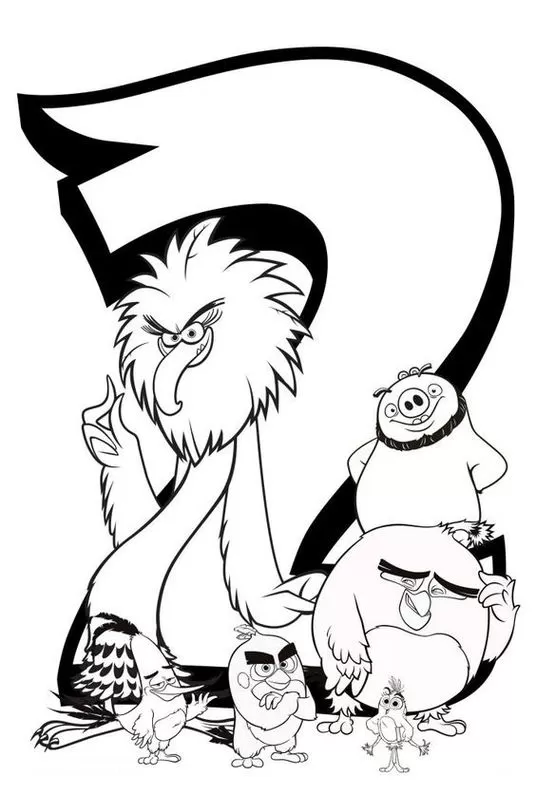 Desenho para colorir Angry Birds 2 temporada: Aves e porco em destaque. Águia imponente no topo, pássaros com expressões variadas e porco sorrindo.