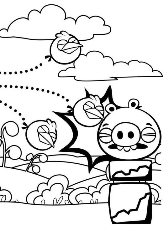 Angry Birds para colorir: Pássaro furioso ataca porco sobre blocos em cena vibrante com vegetação.