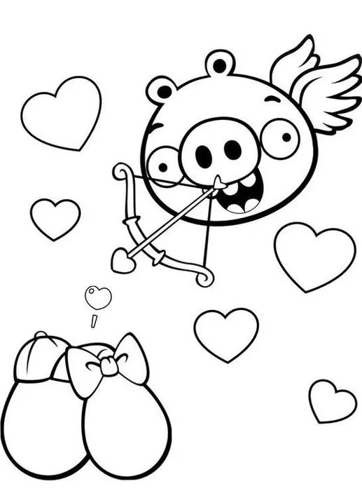 Angry Birds e Porquinhos Cupidos: Desenho para Colorir Romântico. Ação e Aventura dos Pássaros Raivosos protegendo ovos decorados com laços.