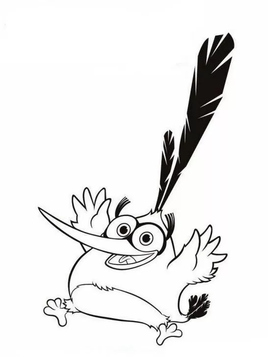 Bubbles, o Angry Bird amarelo para colorir: desenho divertido com óculos, asas abertas e sorriso expressivo. Atividade criativa com Angry Birds.