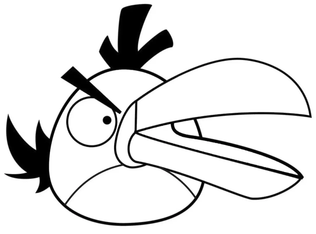 Desenho do Angry Bird Hal para colorir: destaque no bico aberto, pena escura e sobrancelha característica. Perfeito para atividades artísticas com tema Angry Birds.