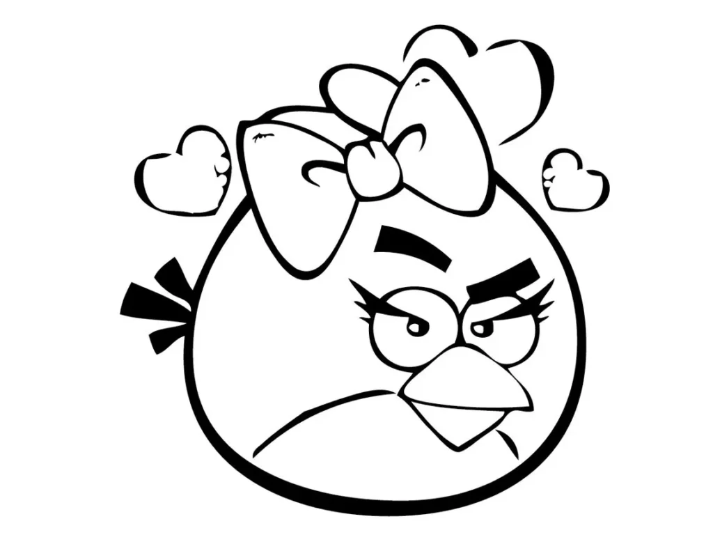 Desenho para colorir da Red fêmea dos Angry Birds com laço e corações. Detalhes do bico e sobrancelha da passarinha zangada.