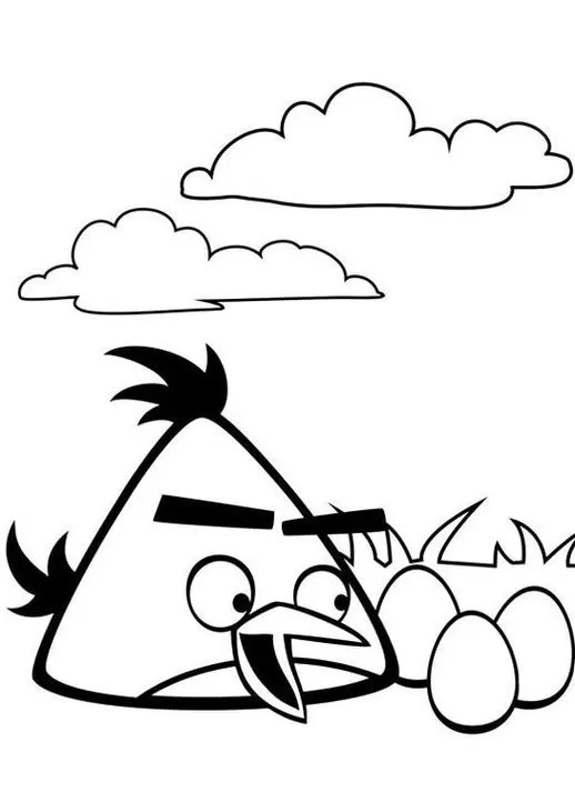 Angry Birds: Desenho do Chuck e ovos para colorir. Imagem de um dos pássaros zangados do jogo, próximo a ovos, com céu e nuvens ao fundo.