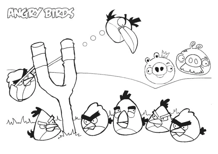 Desenho de Angry Birds para colorir: Pássaro sendo lançado do estilingue contra os porcos.