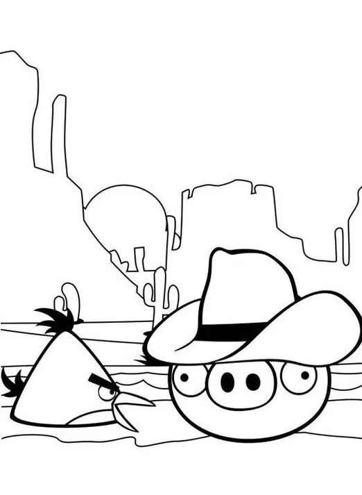 Angry Birds: Desenho de Porco com Chapéu para Colorir em Cenário de Deserto