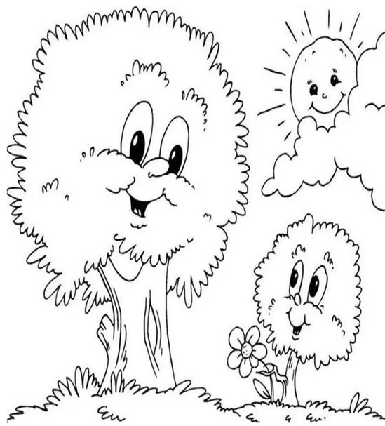 Desenhos de árvores sorrindo para colorir: grande árvore com rosto feliz, árvore florida e sol brilhante.