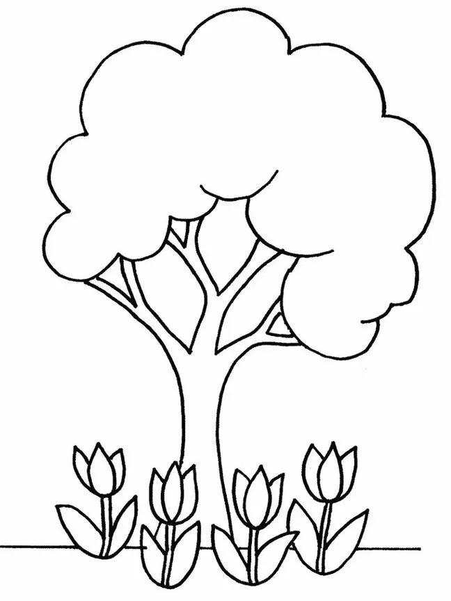 Desenhos de Árvores para colorir em PDF. A imagem contém uma árvore cercada de flores.