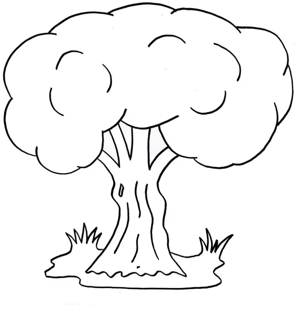 Desenho de árvore com folhagem densa e tronco detalhado, em meio à grama, perfeito para colorir e inspirar a imaginação.