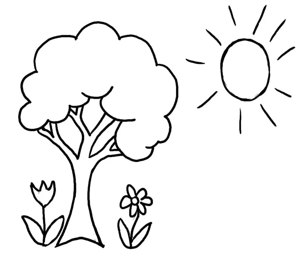 Desenho de árvore com sol e flores para colorir. Atividade relaxante com motivos da natureza e tulipas.