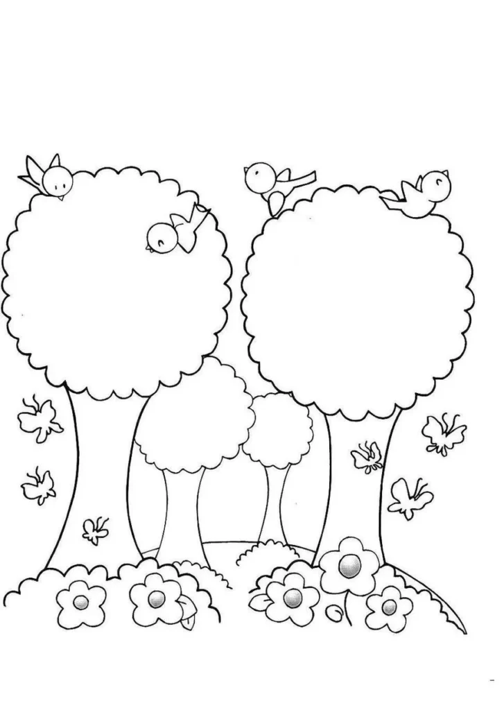 Desenho de árvores detalhado com flores, pássaros e borboletas para colorir. Atividade relaxante de arte.