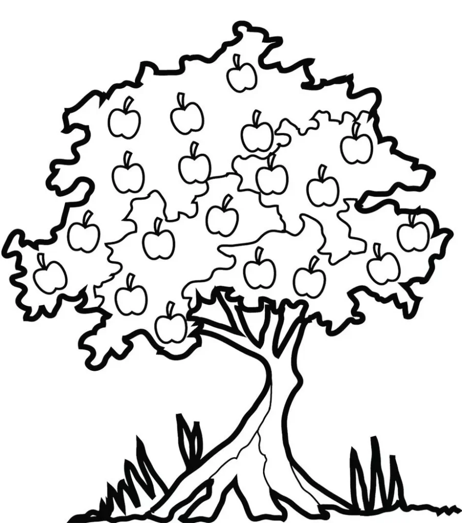 Árvore frutífera com maçãs para colorir: explore a natureza através da arte. Desenho detalhado com tronco retorcido e vegetação.